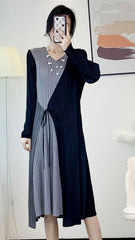 Women’s Spring Pleated Midi Dress – French Splicing Design, Feminine Slim Fit Style