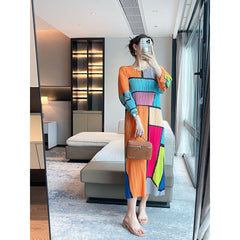 Women’s Spring Pleated Maxi Dress – High-End Plaid Print Slim Fit Crew Neck Style