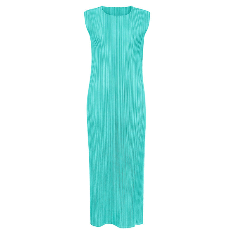Japanese Style Sleeveless Pleated Dress – Round Neck Elegant Midi