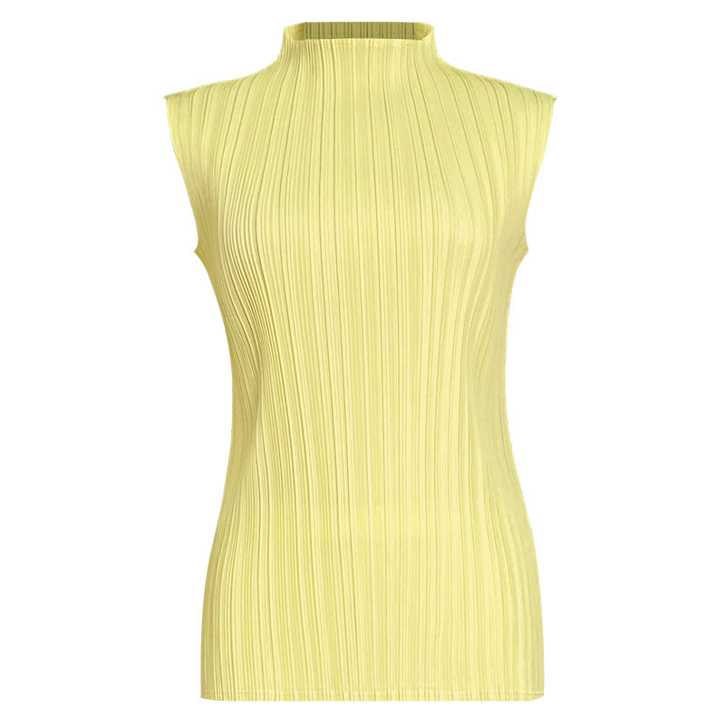 Pleats Summer Slim Sleeveless High-Neck Pleated Vest – Elegant Basic Top