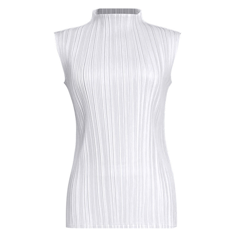 Pleats Summer Slim Sleeveless High-Neck Pleated Vest – Elegant Basic Top