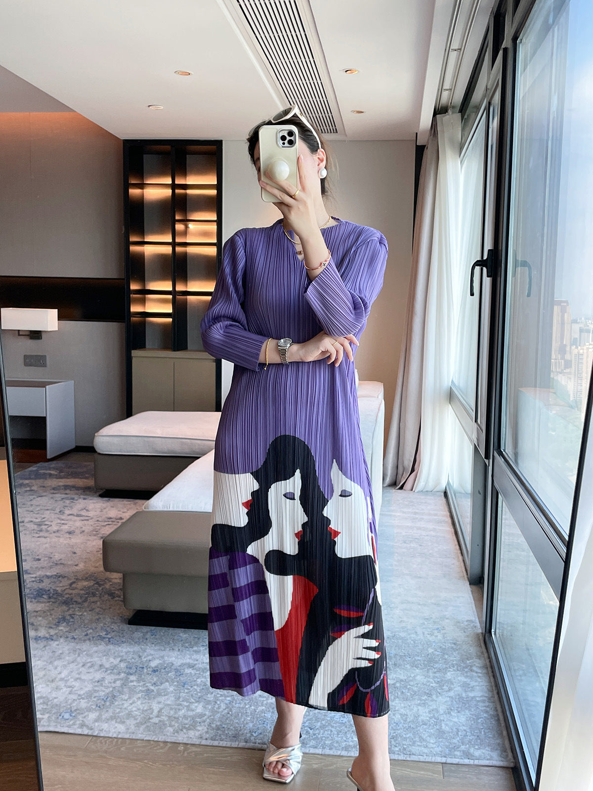 2025 Fall Winter Pleated V-Neck Printed Maxi Dress – Elegant Slim Fit French Style