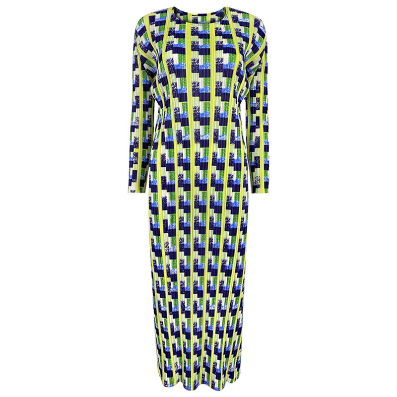 Pleated Houndstooth Dress – Long Sleeve Elegant Women’s Style