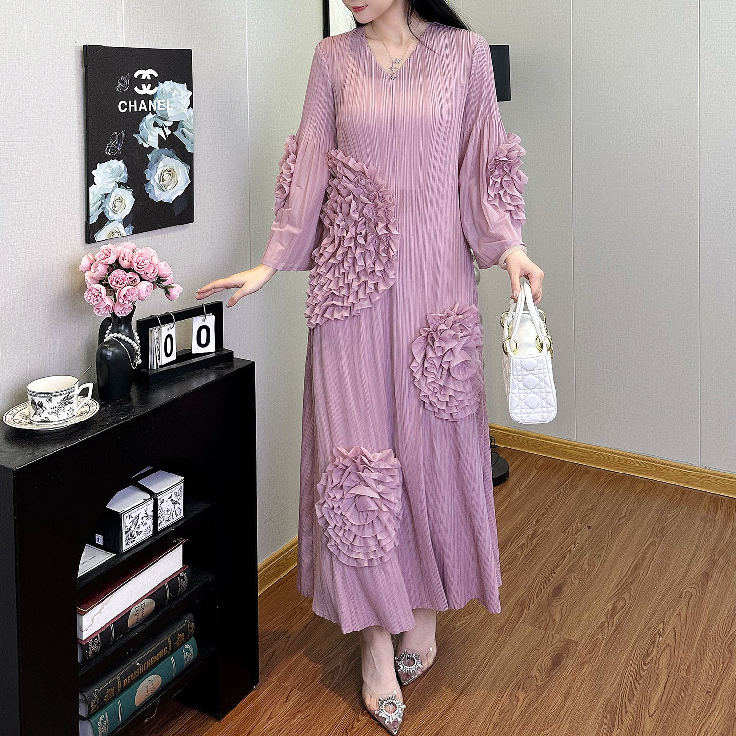 Pleats Please Plus-Size Dress – Autumn Pleated Loose Maxi with Flared Sleeves