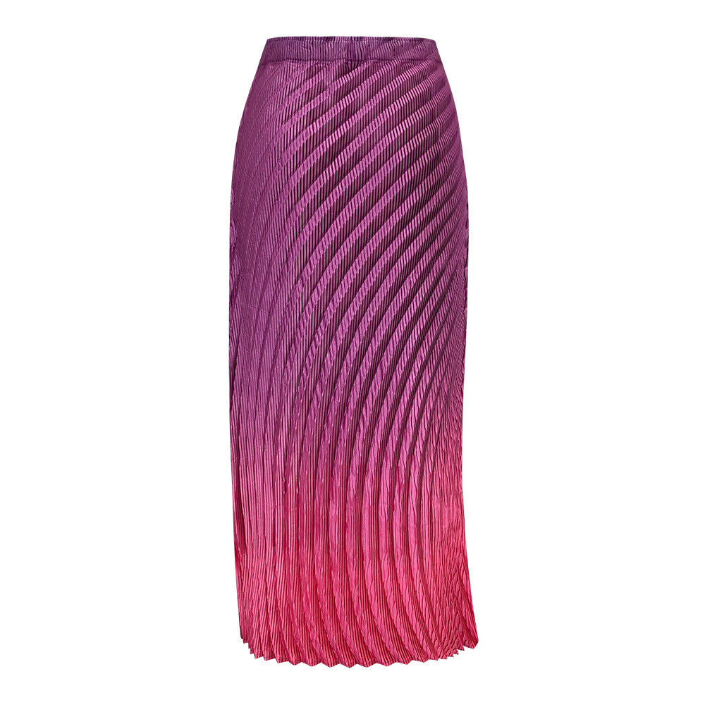Pleated Fish Scale Gradient Skirt – High Waist A-Line Slit Design