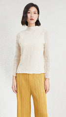 Pleated Chiffon Half-Turtleneck Top with Lace Detail – Elegant Women’s Blouse