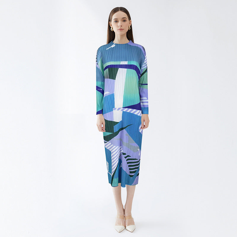 Pleated Printed A-Line Midi Dress – Slim Long Sleeve Women’s Style