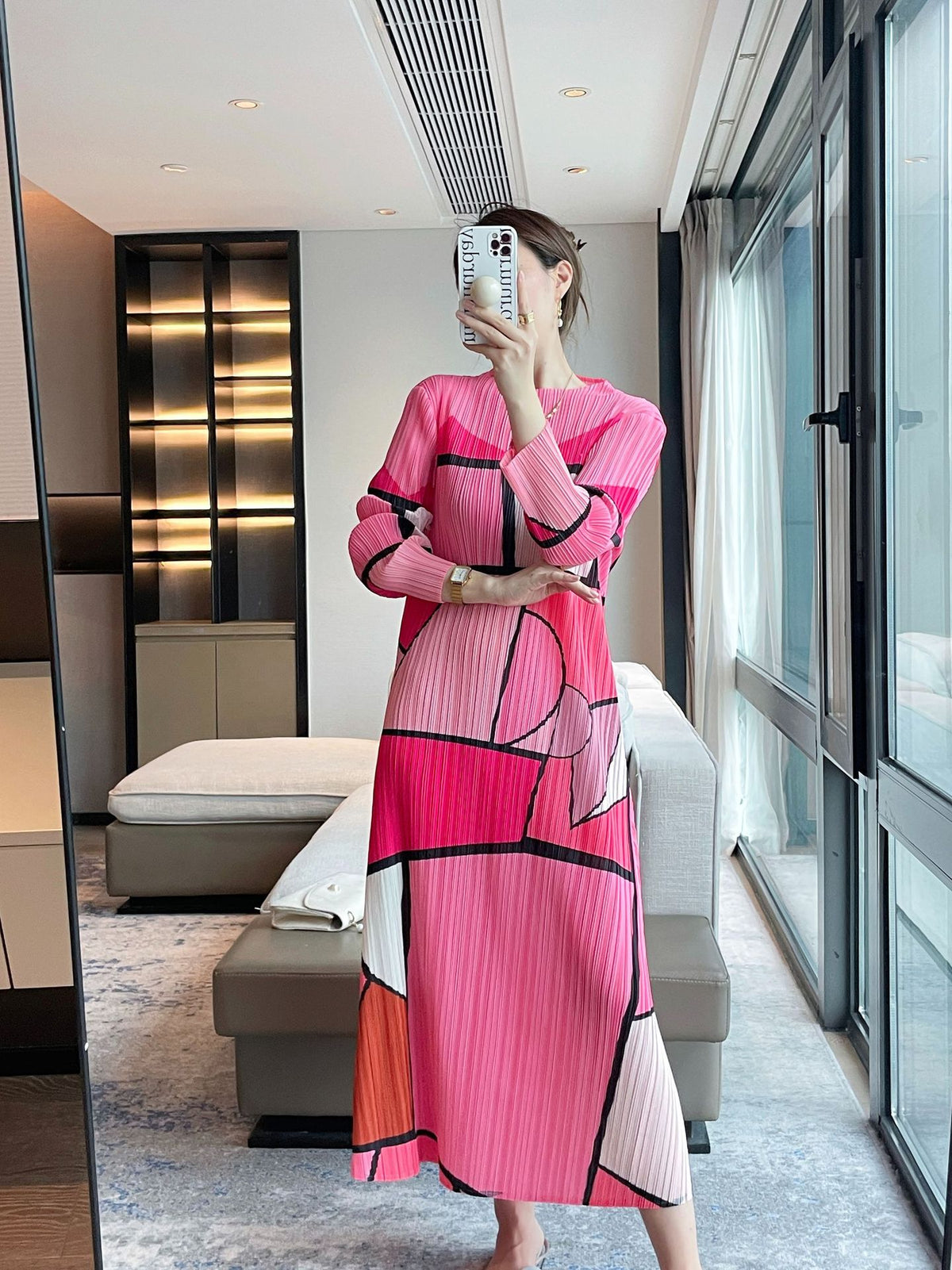 Women’s Spring Pleated Maxi Dress – Geometric Print Slim Fit Elegant Style