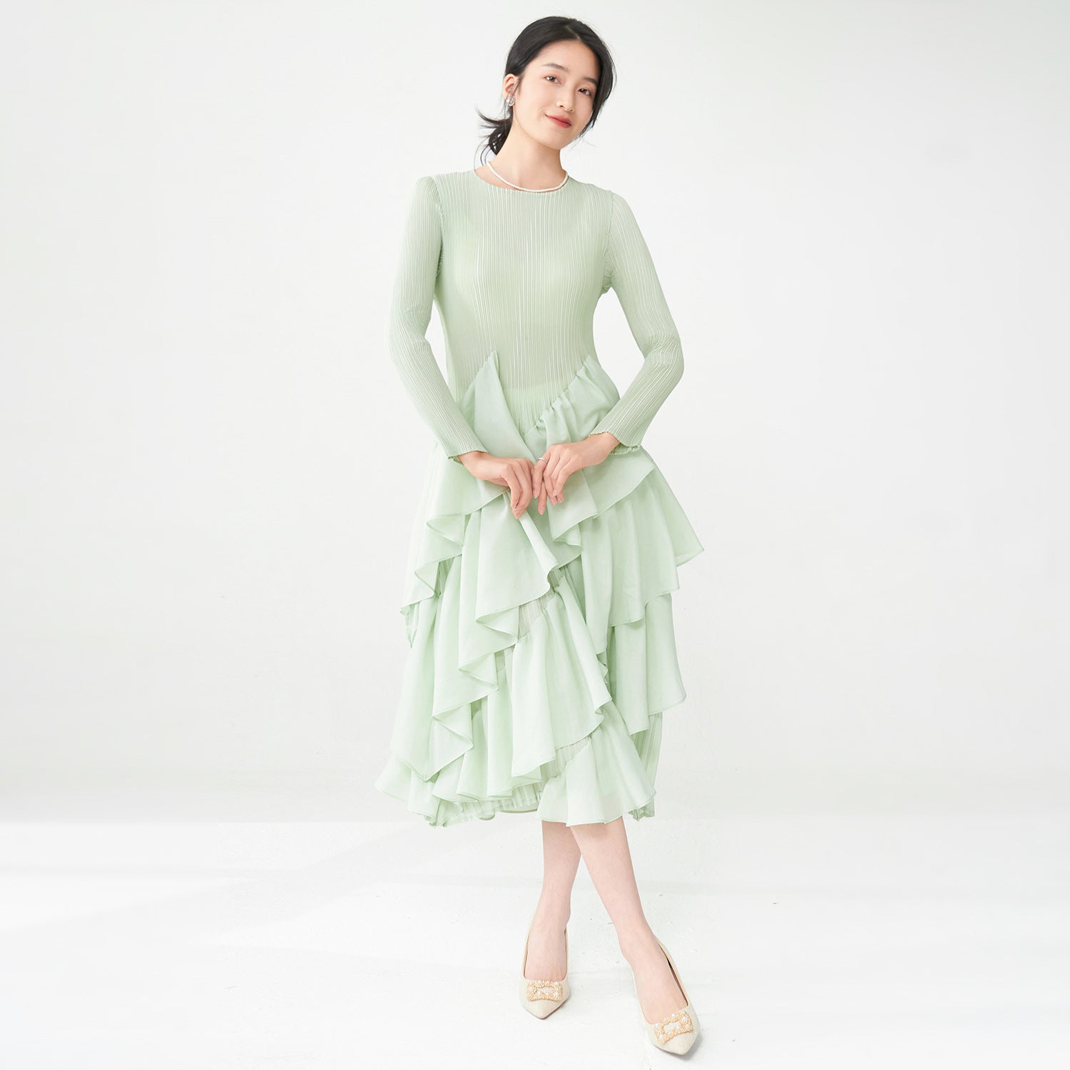 Pleats Please Ruffled Long-Sleeve Dress – Elegant Pleated Midi with Feminine Detail