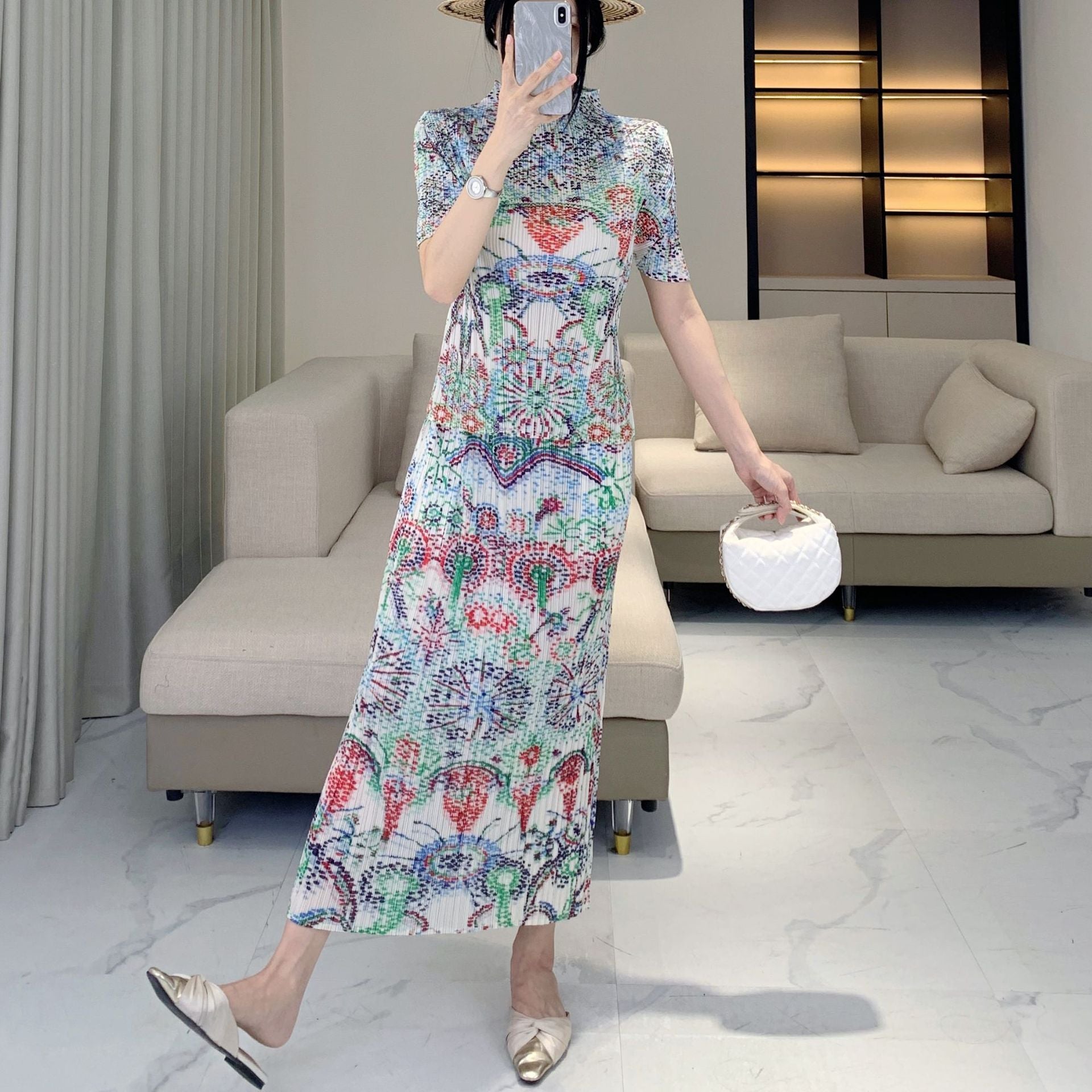 Issey Miyake Pleats Please Style 復古印花修身兩件套