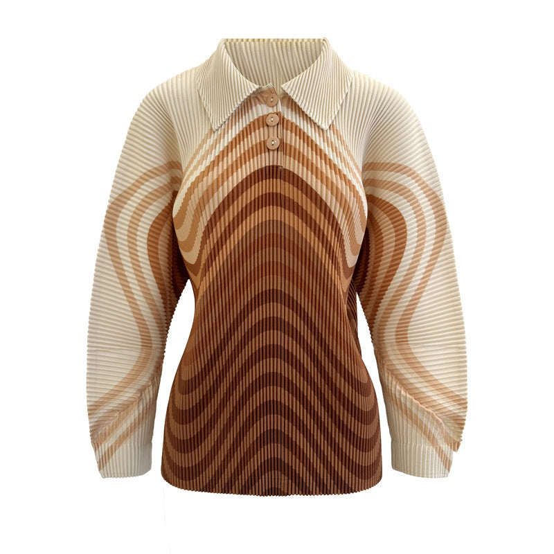 Women’s Fall Pleated Striped Long-Sleeve Top – Loose Slim Fit T-Shirt