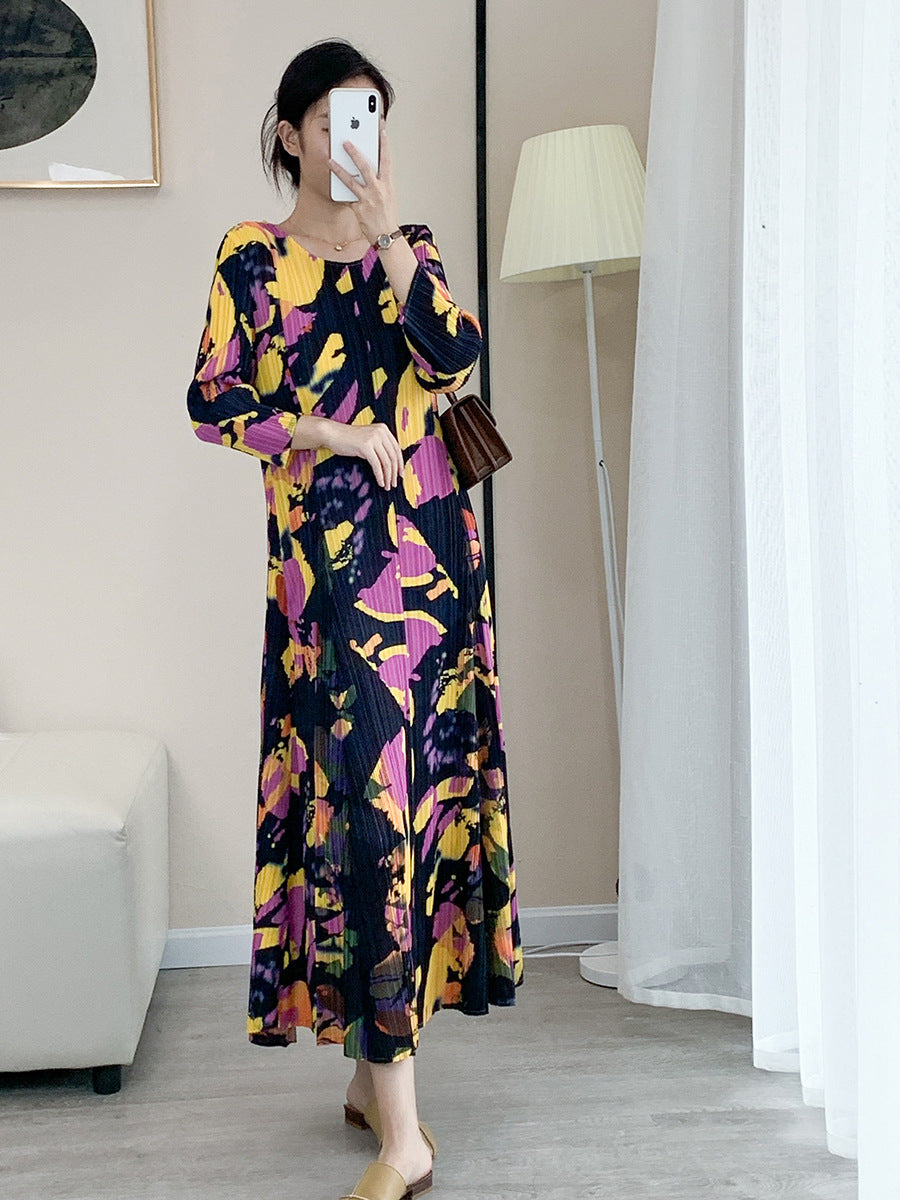 2025 Fall Winter Pleated Printed Dress – Slim Fit, Elegant High-End Style for Women