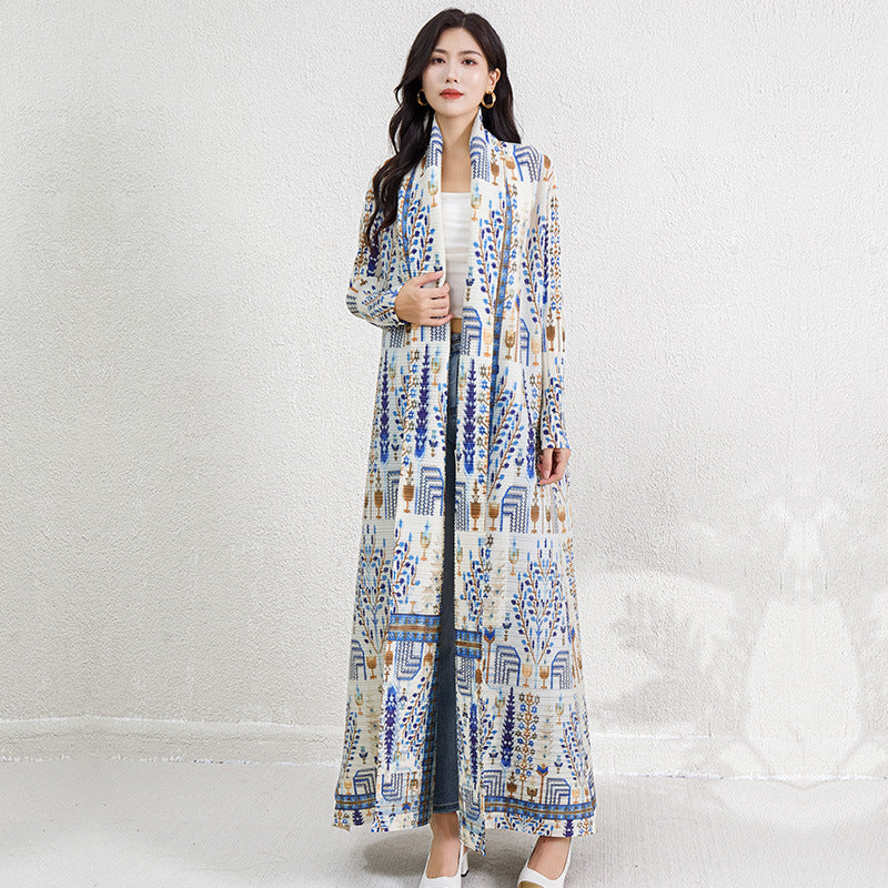 Pleats Please Printed Robe Dress – Long-Sleeve Pleated Maxi Cardigan Style