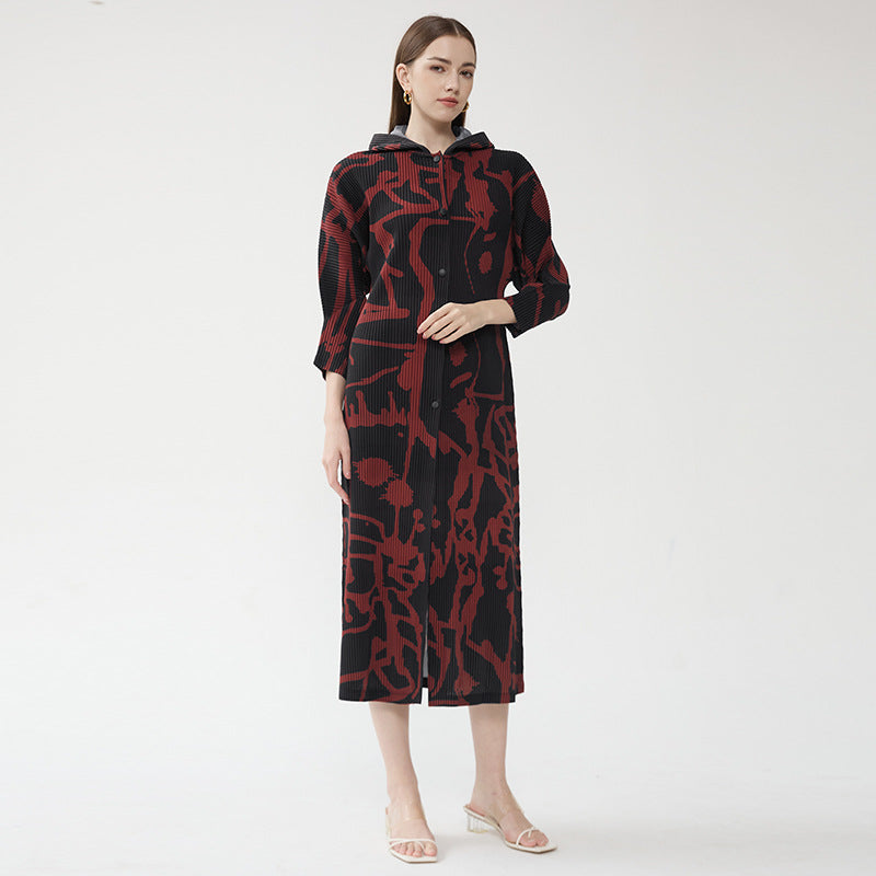 Pleated Printed Hooded Cloak Dress – Long Sleeve Single-Breasted Style