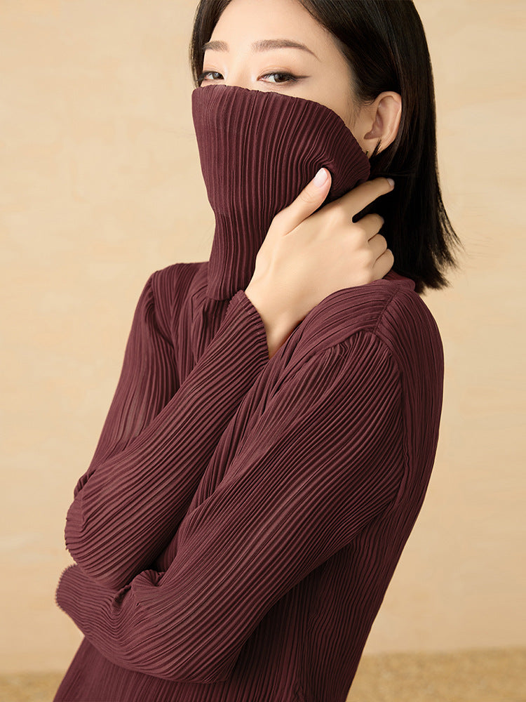 2025 Fall Winter Pleated Knit Top – Cozy High Neck, Slim Fit, Everyday Style