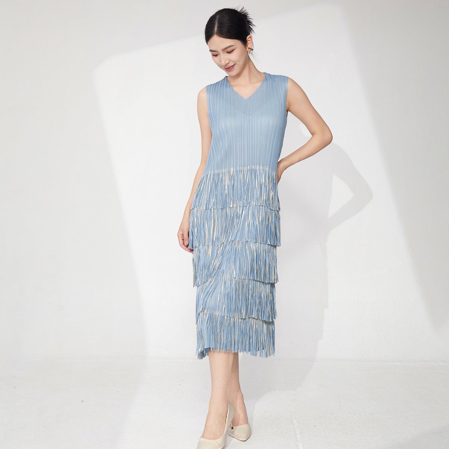 Pleats Please Two-Piece Set – Bronzed Blazer & Fringed Pleated Dress