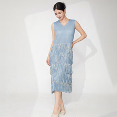 Pleats Please Two-Piece Set – Bronzed Blazer & Fringed Pleated Dress