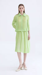 Pleated Two-Piece Set – Buttoned Cardigan Top and Puffy Skirt