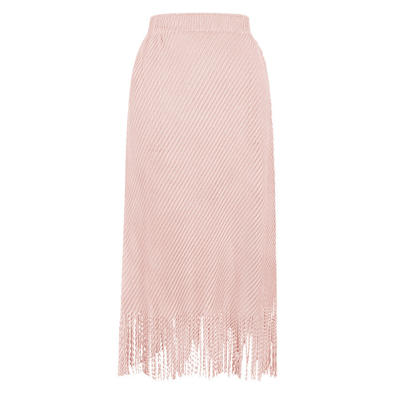 Pleated Fish Scale Fringe Skirt – High Waist A-Line Mid-Length Style