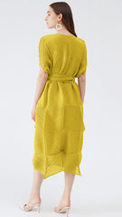 Pleated Yellow Chiffon Midi Dress – Elegant Fairy-Inspired Style